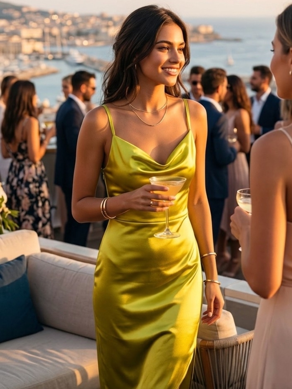 Forever 21 Dress Medium M Chartreuse Lime Green Satin Cowl Neck Asymmetric Maxi